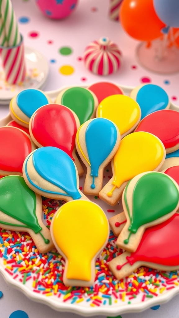 Colorful balloon cookies on a festive platter with bright icing decorations.